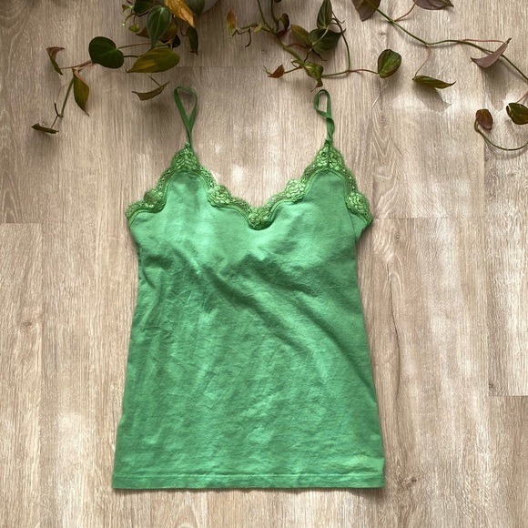 American Eagle Outfitters Tops - Vintage y2k American Eagle Green Sparkly Lace Trim Camisole Fairycore